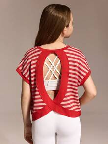 Áo vest dệt kim không tay kẻ sọc dáng rộng thoải mái, hở lưng dành cho bé gái tuổi teen, thích hợp cho hoạt động thể thao. - Nhiều màu - Xem 3