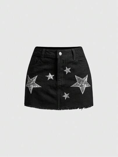Grunge Punk Short en jean décoré d'étoiles pailletées pour femmes, été