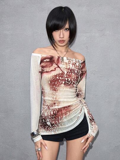 ROMWE Avant Maglietta trasparente da donna con stampa sexy di ritratto e logo di lettera, scollo a spalle scoperte, stile Y2K