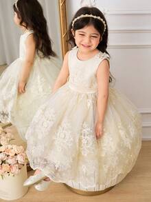 SHEIN Glamorique Kids Vestido de princesa para niñas, fiesta de cumpleaños, boda, fiesta, vestido de gala, decoración con lazo, malla bordada color albaricoque, para todas las estaciones, les hace verse talla grande lindas y juguetones, escenario, actuación, Oriente Medio, Europa - Albaricoque - Ver 1