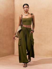 Zivah 2pcs Set: Linen Camisole Top And Wide Leg Cargo Pants In Olive Green, Spring/Summer 2026 - Army Green - View 4