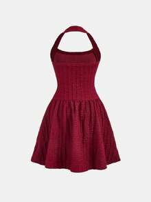 SHEIN 少女休闲优雅红色提花罗纹吊带修身A字连衣裙，适合情人节派对、聚会、郊游、返校季穿着 - 酒紅色 - 查看 2