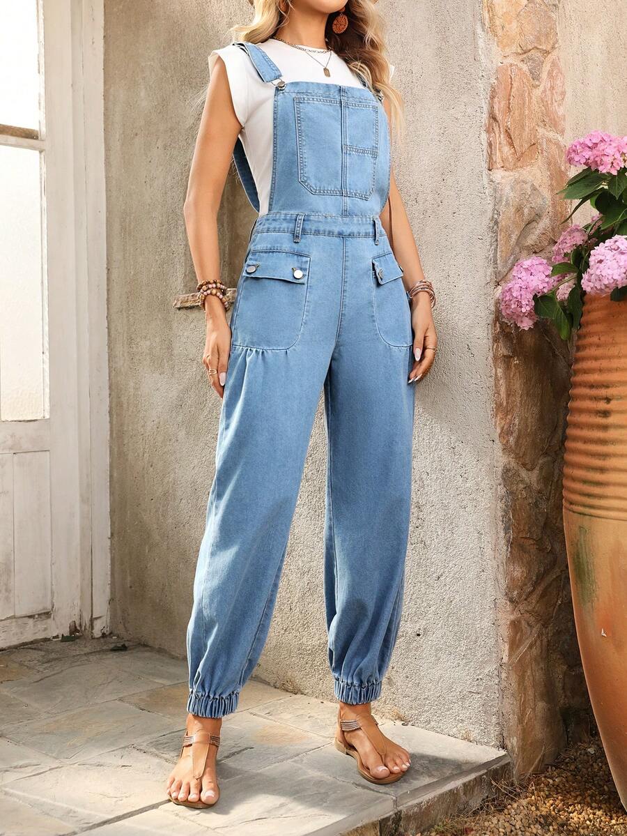 SHEIN LUNE Women's Casual Everyday Denim Bib Overall Jumpsuit With Pockets - Blue - View 1