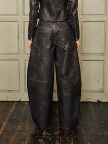 COUREZ 仿皮宽松灯笼裤，撞色缝线/Y2K风格女士冬季外出穿搭/夏季街头风宽松裤/派对装扮 - 棕色 - 查看 3