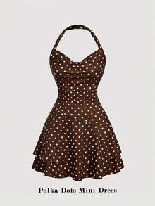 SHEIN MOD Women's Draped Neck Polka Dot Layered Hem Bodycon Dress,Backless,Party Outfit,Vacation,Festival,Goth,Holiday,Beach Outfits For Women, Polka Dot Outfit, Mini Dress, Halter Dress,Valentine's Day,Brown Dress - Multicolor - View 5