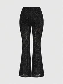 ROMWE Gothic Palace Style Flocked Sheer Flare Pants For Women - Black - View 2