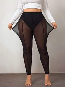 Enliva Collants en maille à taille élastique de couleur unie pour femmes grandes tailles, pour la forme de corps arrondie, pour l'été - Noir - Voir 7