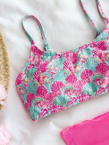 Set 3 Potong untuk Anak Perempuan Remaja: Rok Motif Kerang Kasual Liburan Pantai Warna Coral, Tankini Baju Renang Warna Pink, Gaya Liburan Pantai - Hot Pink - View 3