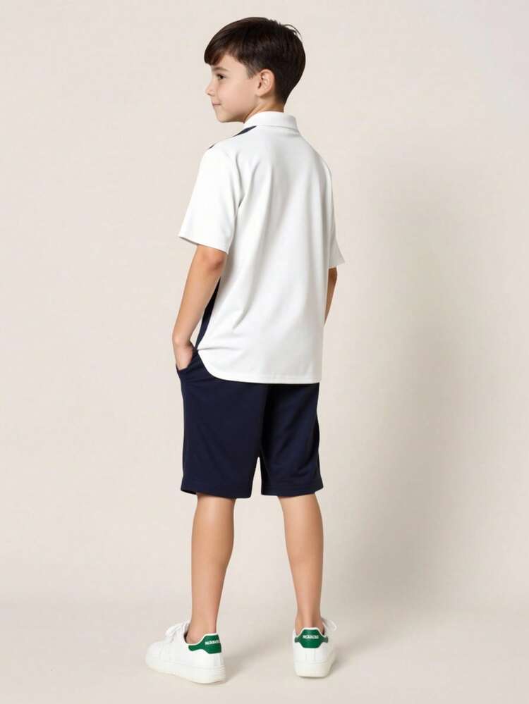SHEIN Tween Boy Loose Casual Turn Down Collar Knitted Solid Short Sleeve Polo Shirt And Shorts Two Pieces Set,Kids - Multicolor - View 8