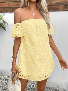 Glamine Women's Summer Solid Color Open Shoulder Dress With Hollowed-Out Embroidered Pattern Mini Short Vacation Beach Outfit - Yellow - View 3