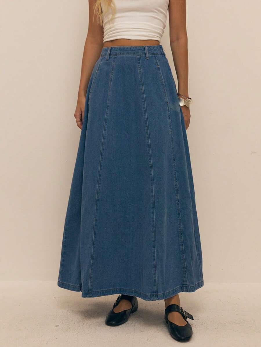 ATUI Studio Váy denim dài chữ A giản dị có túi trang trí cho nữ - Màu xanh lam - Xem 1