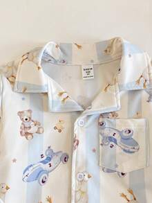 男童睡衣套装 - 两件套睡衣，蓝色动物印花，长袖翻领纽扣上衣，松紧腰长裤，柔软轻盈，四季皆宜，2026年假日必备礼物，可爱卡通简约风 - 彩色 - 查看 3