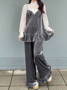 FRIFUL Women's Polka Dot Velvet Fabric Top With A-Line Silhouette, Layered Camisole With Ruffle Hem, Paired With Straight Leg Pants With Ruffle Hem, Loose Casual Two Pieces Set, Suitable For Autumn Spring - Grey - View 4