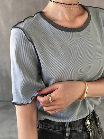 FRIFUL 女士休闲宽松撞色滚边T恤，春夏百搭