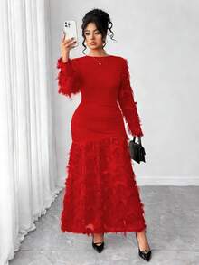 Elenzga Plus Size Women Elegant Patchwork Embroidered 3D Floral Dress, Autumn/Winter - Red - View 1