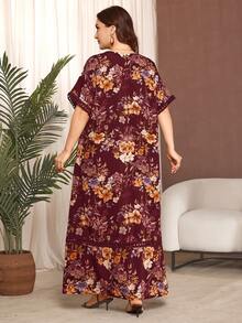 Al Najma 休闲舒适印花蝙蝠袖大码阿拉伯风格女式连衣裙，适合春夏各种场合穿着 - 酒紅色 - 查看 2
