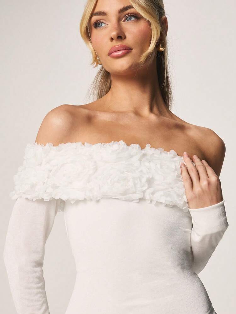 MISSGUIDED Off Shoulder Bardot Mini Dress With Floral Applique Ruffle Trim Long Sleeve Bodycon Cocktail Party Evening Formal Occasion Wear