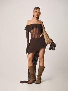 MISSGUIDED Off Shoulder Lace Bodysuit With Bell Sleeves And Ruffle Bardot Neckline For Evening Night Special Occasions Elegant Party Wear - Coffee Brown - View 3