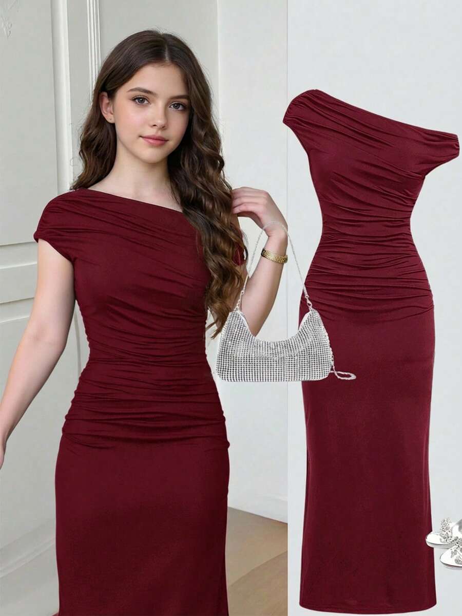 SHEIN Teens Girls' Red Knit Asymmetric Shoulder Ruched Waist Elegant Casual Snug Fit Dress, Suitable For Valentine's Day