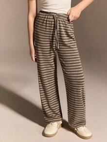 少女休闲百搭学院风棕色撞色条纹宽松舒适柔软针织抽绳腰裤 - 棕色 - 查看 3