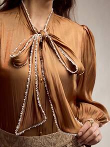 ZEYLAH 大码女士优雅珍珠边饰飘逸长袖衬衫 - 棕色 - 查看 1