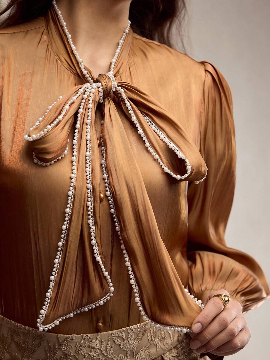 ZEYLAH 大码女士优雅珍珠边饰飘逸长袖衬衫 - 棕色 - 查看 1