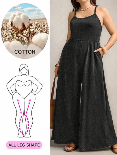 Zelara Plus Size Women's Summer Back To School Outfits Women Solid Fall Clothes For Women Pocketed Wide Leg Casual Vintage Clothes Women Homecoming Business Casual Woman Curve Jumpsuit  With Pockets Old Money Style Women Plus Size Women Jumpsuit Cotton Plus Size Clothing Curve Women Jumpsuit Plus Size Jumpsuit With Pockets Bohemian Jumpsuit Plus Size Curve Jumpsuit With Pockets Plus Size Cotton Jumpsuit Plus Size Wide Leg Jumpsuit Summer Outfits For Women,Plus-Size Knitted Denim Washed Effect Jumpsuit, Casual Sporty Jumpsuit, With Pockets, Casual Sportswear, Airport Wear, Suspender Jumpsuit.