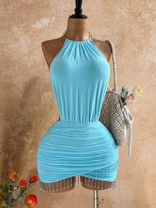 Soleia Light Blue Summer Casual Vacation Holiday Hollow-Out Backless Rhinestone Tassel Bodycon Mini Dress,Suitable For Party,Valentine's Day,Nightclub - Blue - View 5
