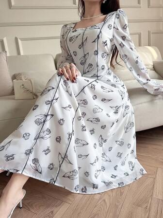 Feyla Women's Floral Print Square Neck Elegant Long Sleeve Midi Dress