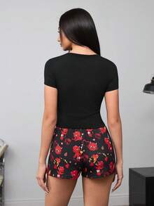 SHEIN HOT STUFF Women's Casual Letter Print Short Sleeve T-Shirt And Shorts Pajama Set, Summer - Black - View 2