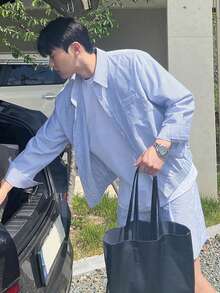 DAZY 男士蓝色条纹短裤套装，含衬衫，春夏款 - 藍色 - 查看 1