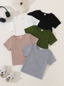 SHEIN Playful Pals 5件套婴儿/幼儿男童休闲舒适白色T恤，春夏款 - 彩色 - 查看 4