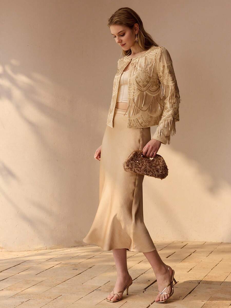 MOTF PREMIUM CONTRAST SEQUIN FRINGE DETAIL ELEGANT COAT - Apricot - View 2