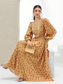 Al Najma Women's Arabic-Style Long Dress With Gold Sequined Collar, Shalky Floral Print, And Pleated Waist. Dress Modest Smocked Women Dress - Mustard Yellow - View 2