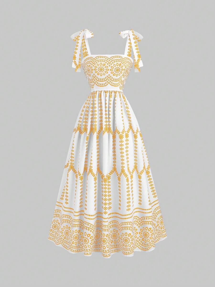Sweetra 女士系带腰身碎花复古连衣裙,轻盈奢华,无袖,红色,修身性感,适合夏季度假和派对穿着 - 黃色 - 查看 1