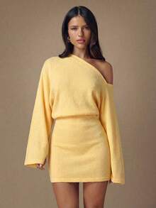 SHEIN BAE 女士纯色不对称领口垂褶休闲长袖连衣裙 - 黃色 - 查看 4