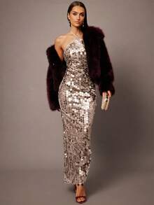 Silquee Women's Fashionable Sexy Sequin Halter Bodycon Dress - Silver - View 6