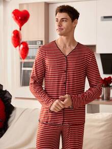SHEIN Men's Fashion Casual Striped Print V-Neck Cardigan Long Sleeve Pajama Set - Red - View 4
