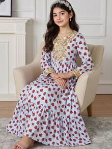SHEIN Tween Girl Light Blue Floral Autumn Elegant Tea Party Maxi Dress, Woven Ditsy V-Neck Gold Embroidered Ribbon Ruffle Hem 3/4 Sleeve Cinched Waist Boho Gown - Baby Blue - View 2
