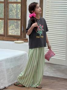 DAZY 2pcs Kids Girls Crew Neck Printed Short Sleeve T-Shirt + Striped Pants Casual Outfit Set - Dark Grey - View 1