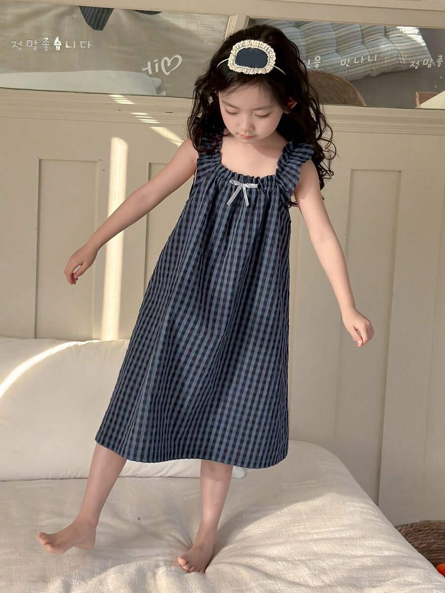 DAZY Young Girl Plaid Dress With Bow Decor And Flutter Sleeves, Loungewear - Navy Blue - View 1