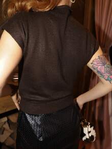 Gretanique 优雅高领宽松休闲百搭无袖针织毛衣背心，秋冬棕色毛衣 - 咖啡棕 - 查看 2