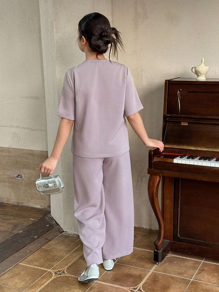 Tween Girl Solid Color Single-Breasted Jacket And Pants Casual Suit