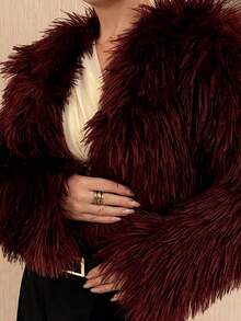 Kuleshova 女士时尚性感短款仿皮草大衣，秋冬新品 - 酒紅色 - 查看 3