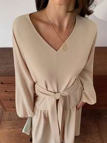 Elyressa Đầm dài tay bồng cổ chữ V phong cách Pháp thanh lịch dành cho nữ, đầm xếp ly màu trơn cho mùa xuân/hè, thu/đông, thích hợp để đi làm, đi chơi hàng ngày, tụ tập, đầm dài buộc eo - Màu be - Xem 3