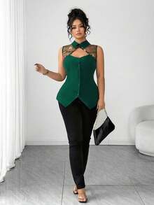 Elenzga 大码女式优雅刺绣网纱拼接衬衫领镂空腰部雪纺上衣，方领A字版型，显瘦显瘦，撞色拼接，优雅精致，适合情人节、返校季、毕业典礼、节日、母亲节、万圣节、感恩节、复活节、国庆节、舞会、约会、派对、婚礼、郊游等场合。 - 綠色 - 查看 6