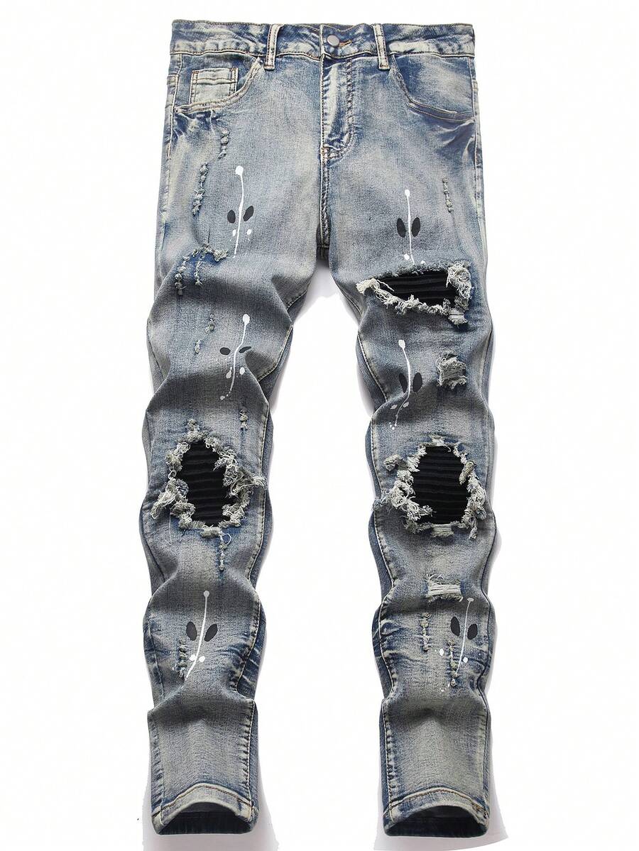 Manfinity Roughcore Quần jeans denim nam phong cách thường ngày, rách, phối nhiều mảng, kẻ sọc, bạc màu, giặt mài. - Rửa nhẹ - Xem 1
