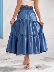 Vivid Eden Loose Casual Elastic Waist Women's Long Denim Skirt, Blue - Light Wash - View 2