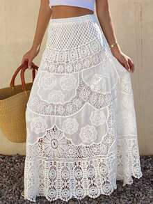 Livesso 轻盈镂空针织钩编白色半身裙，优雅波西米亚风格，适合海滩、婚礼、休闲、通勤、春夏穿着。 - 白色 - 查看 5