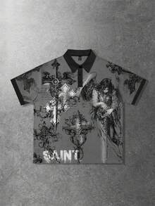 ROMWE MEN 男士短袖休闲 Polo 领 T 恤，水印朋克学院风上衣 - 灰色 - 查看 1